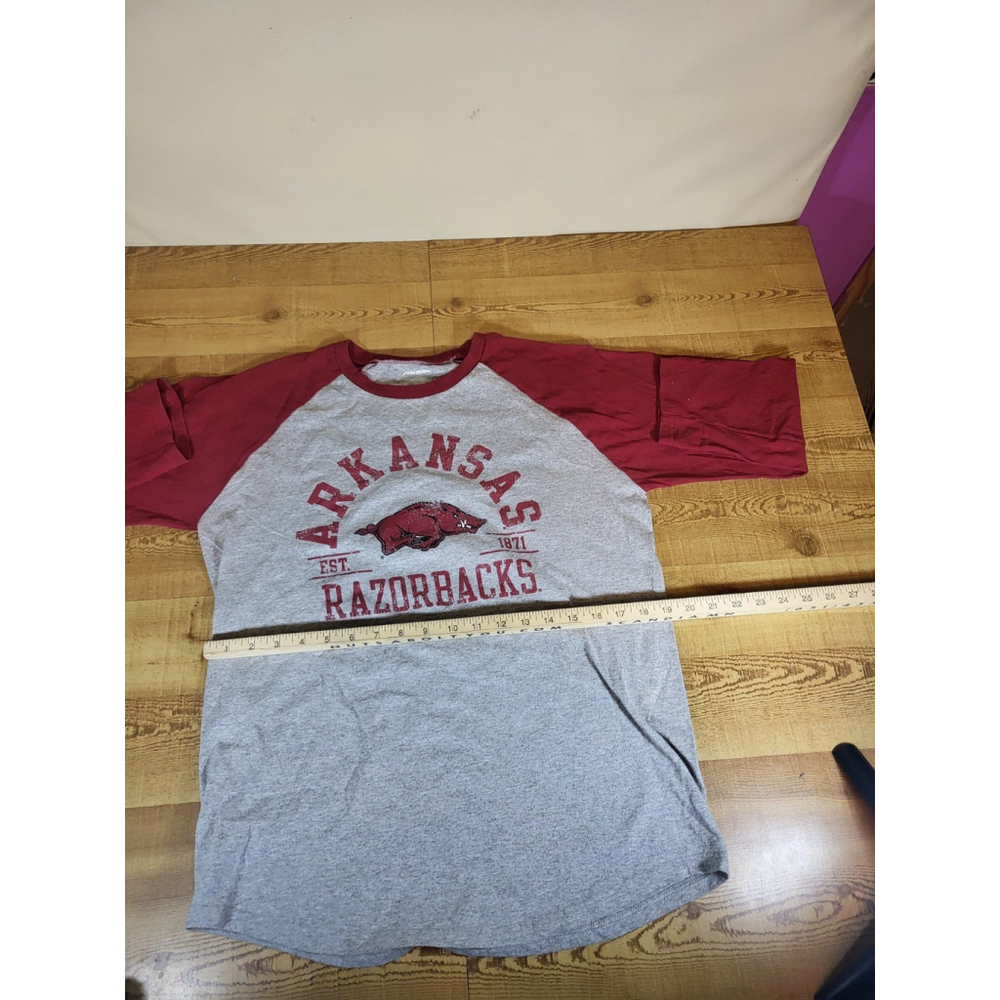 Arkansas Razorbacks Shirt Mens Large Gray Red 3/4 Sleeve Pro Edge Crew Neck